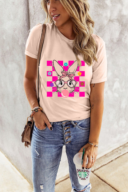 Pink Easter Rabbit Checkered Flower Graphic O Neck T Shirt