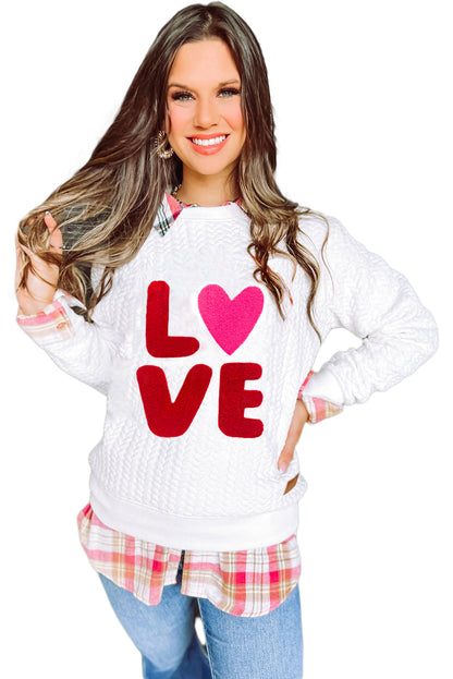 White XOXO Chenille Letter Patch Quilted Sweatshirt