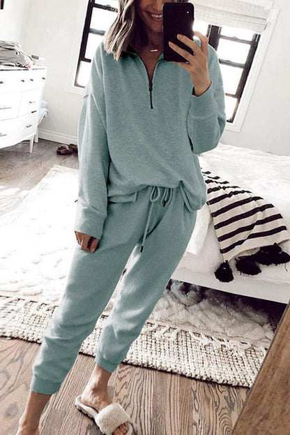 Gray Solid Color Half Zipped Top and Drawstring Pants Loungewear Set