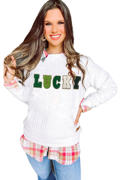 White XOXO Chenille Letter Patch Quilted Sweatshirt