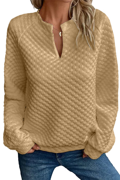 White Quilted V-Neck Solid Color Long Sleeve Top