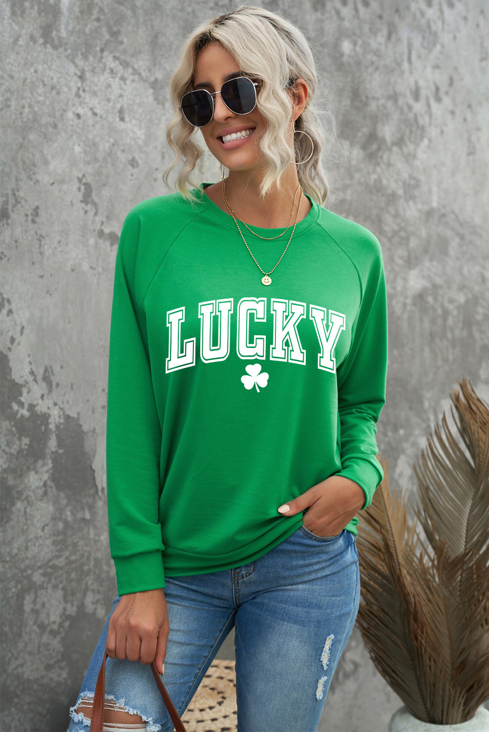 Green St Patricks LUCKY Clover Graphic Raglan Sleeve Sweatshirt