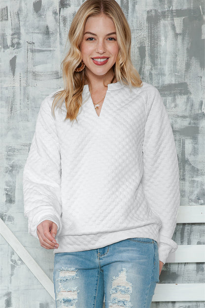 White Quilted V-Neck Solid Color Long Sleeve Top