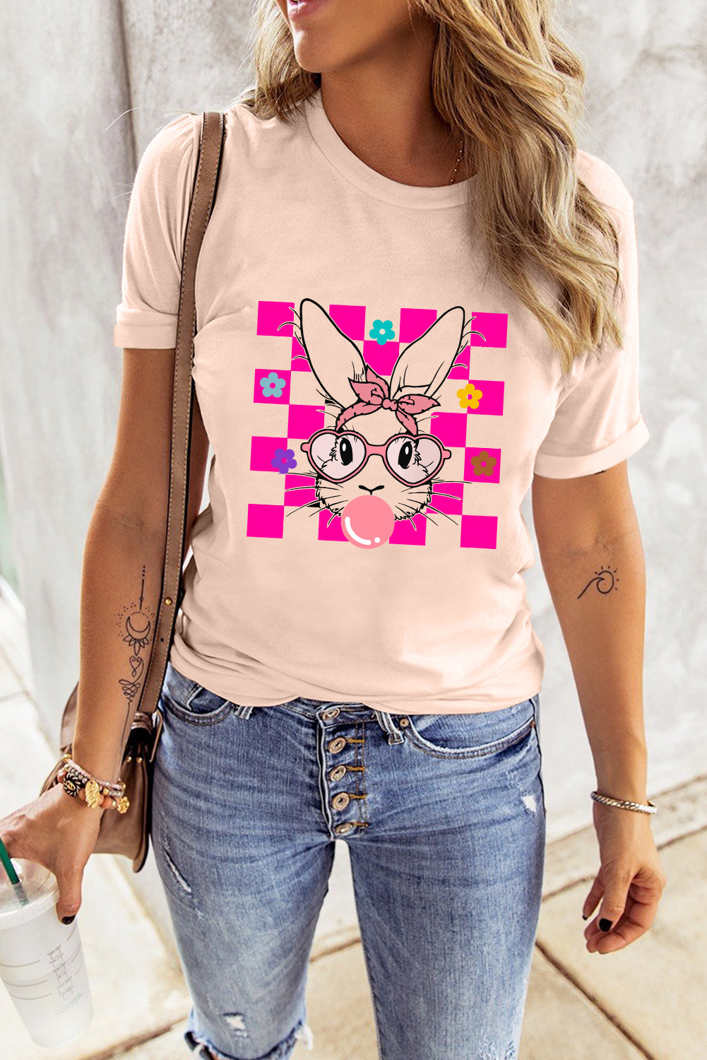 Pink Easter Rabbit Checkered Flower Graphic O Neck T Shirt