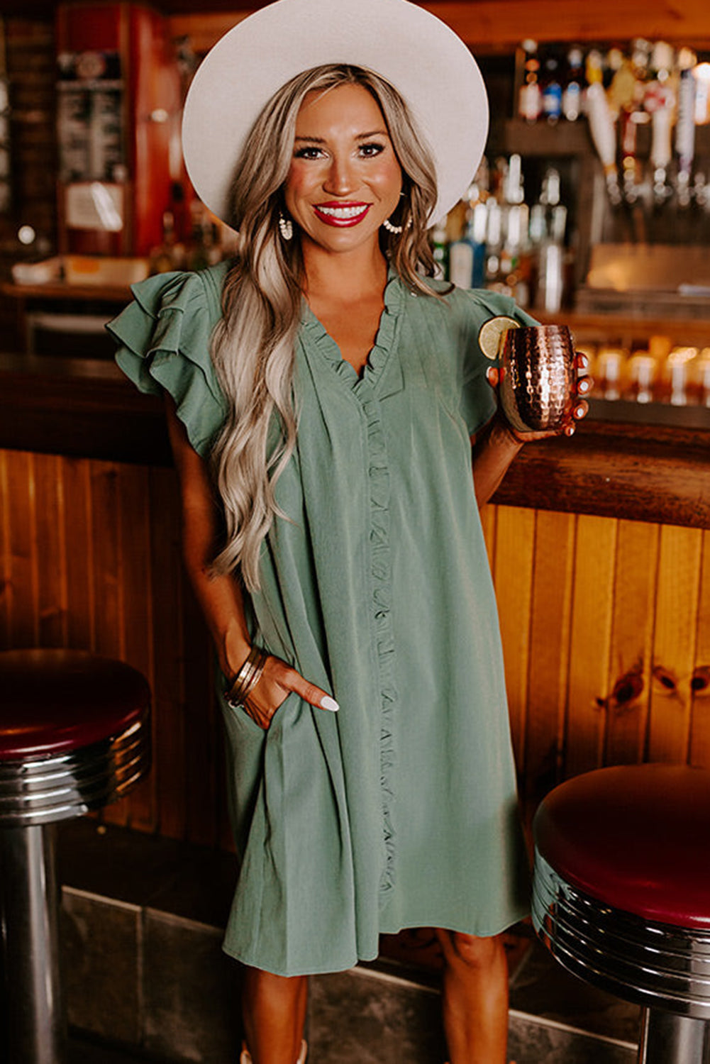 Mist Green Ruffle Trim Sleeve V Neck Pocketed Mini Dress