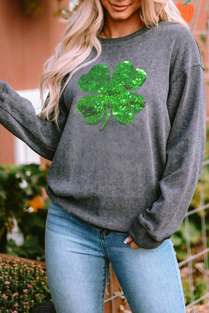 Gray Sequins St Patrick Clover Graphic Corded Sweatshirt