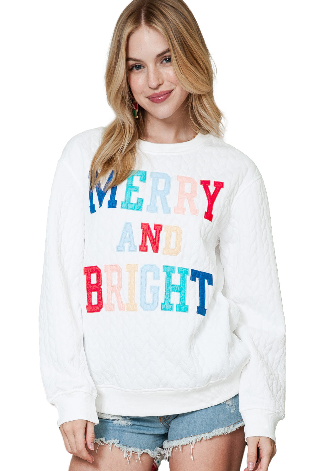 White XOXO Chenille Letter Patch Quilted Sweatshirt