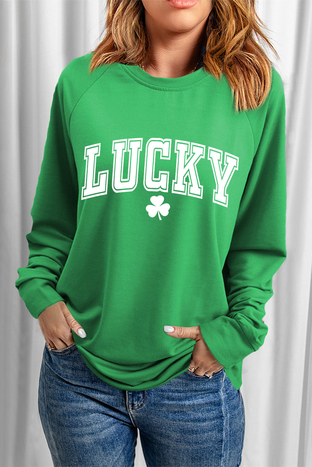 Green St Patricks LUCKY Clover Graphic Raglan Sleeve Sweatshirt