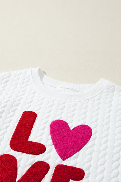 White XOXO Chenille Letter Patch Quilted Sweatshirt