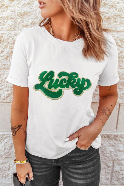 White St Patrick Lucky Chenille Glitter Patched Graphic T Shirt